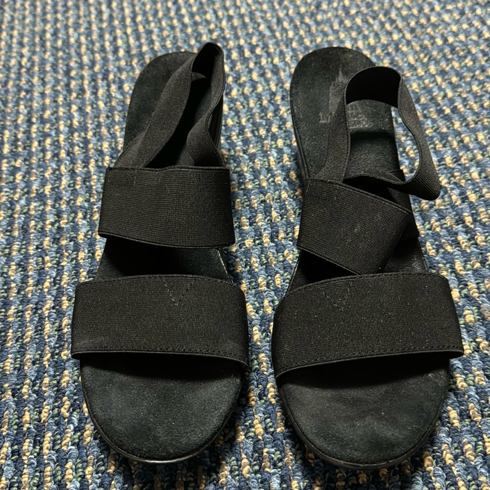 San Miguel Sandals in stretchy black fabric with wedge heel. Size 7. GUC - Picture 2 of 5